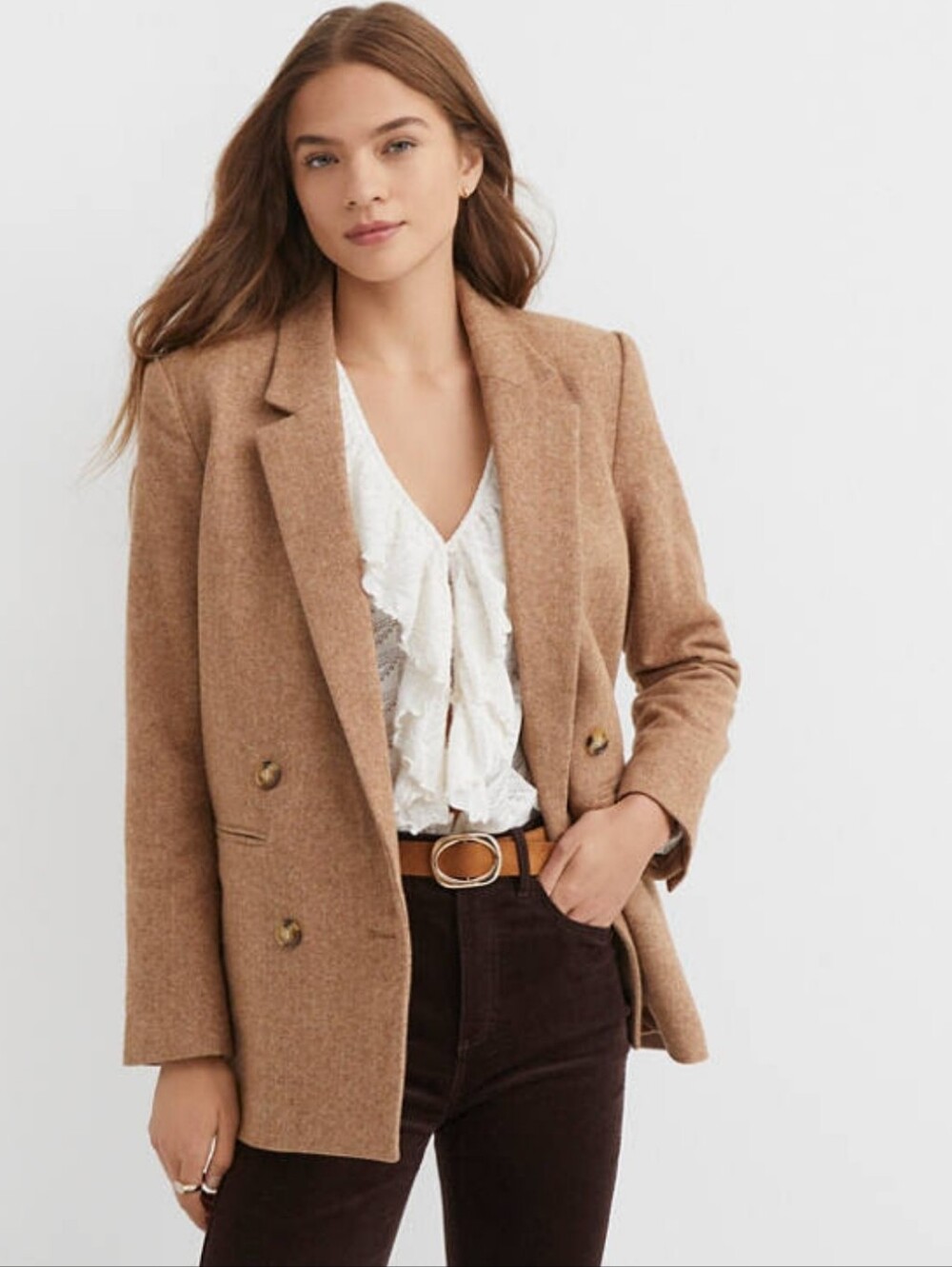 LOFT Herringbone Relaxed Double-Breasted Blazer Jacket in Camel Brown